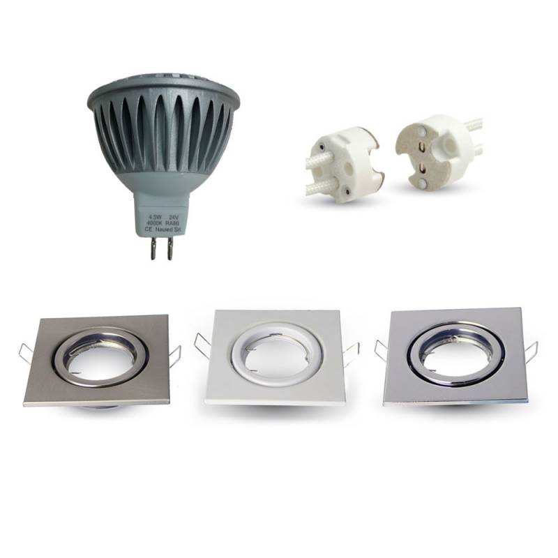Square LED Spotlight Holder + LED Bulb MR16 12-24V + wiring