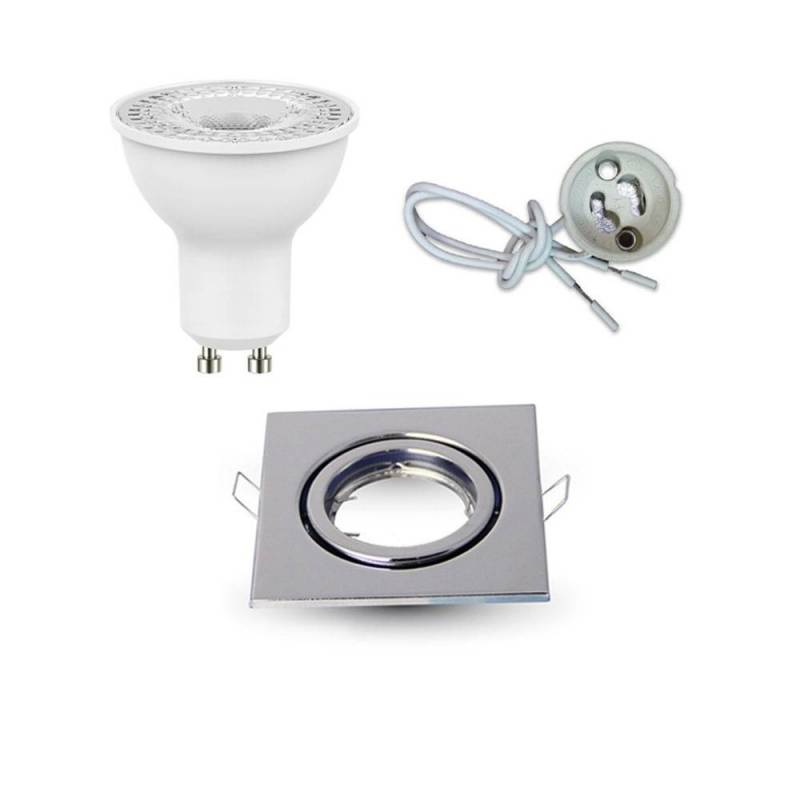 Ghiera Porta Faretto LED Quadrata Cromo + Lampadina LED GU10 + Cablaggio