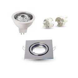 Ghiera Porta Faretto LED Quadrata Cromo + Lampadina LED MR16+ Cablaggio