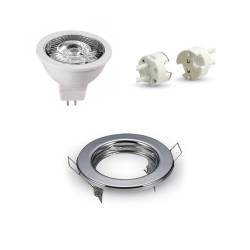 Ghiera Porta Faretto LED Tonda Cromo + Lampadina LED MR16+ Cablaggio