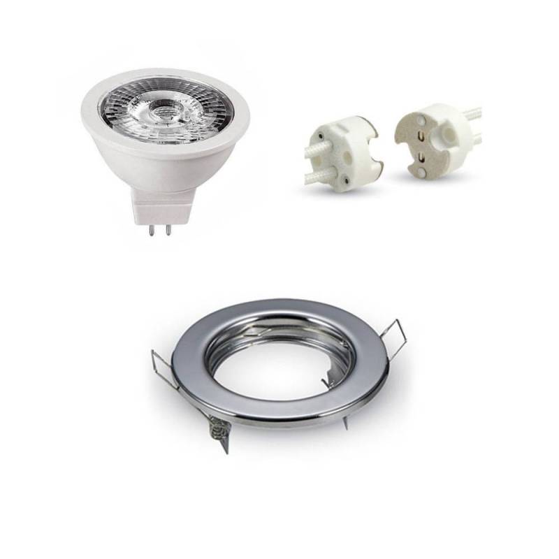 Ghiera Porta Faretto LED Tonda Cromo + Lampadina LED MR16+ Cablaggio