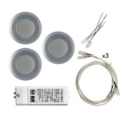 Kit 3 Recessed Round 12 LED Spotlight 63-85 - hole  ø 65 mm 2,87 W + power supply, extentions, wirings