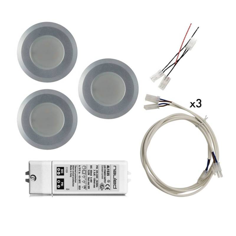 Kit 3 Recessed Round 12 LED Spotlight 63-85 - hole  ø 65 mm 2,87 W + power supply, extentions, wirings
