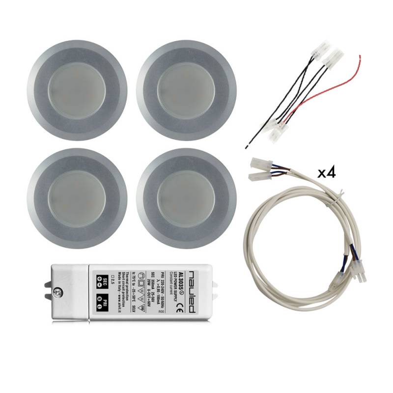 Kit 4 Recessed Round 12 LED Spotlight 63-85 - hole ø 65 mm 2,87 W + power supply, extentions, wirings