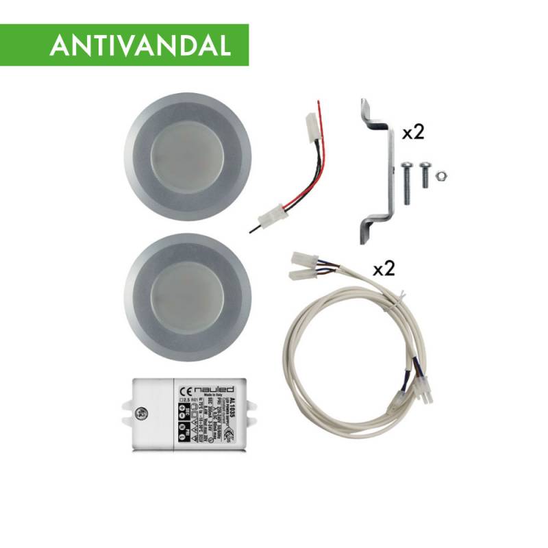 Kit 2 Spotlight 12 LED Anti-vandal 53-85  hole ø 55 mm - 2,87 W + power supply, extentions, wirings
