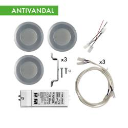 Kit 3 Spotlight 12 LED Anti-vandal 53-85  hole ø 55 mm - 2,87 W + power supply, extentions, wirings