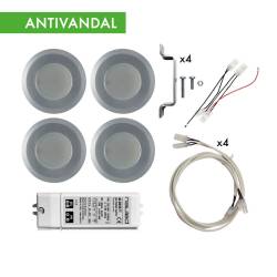 Kit 4 Spotlight 12 LED Anti-vandal 53-85  hole ø 55 mm - 2,87 W + power supply, extentions, wirings