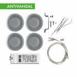 Kit 4 Spotlight 12 LED Anti-vandal 53-85  hole ø 55 mm - 2,87 W + power supply, extentions, wirings